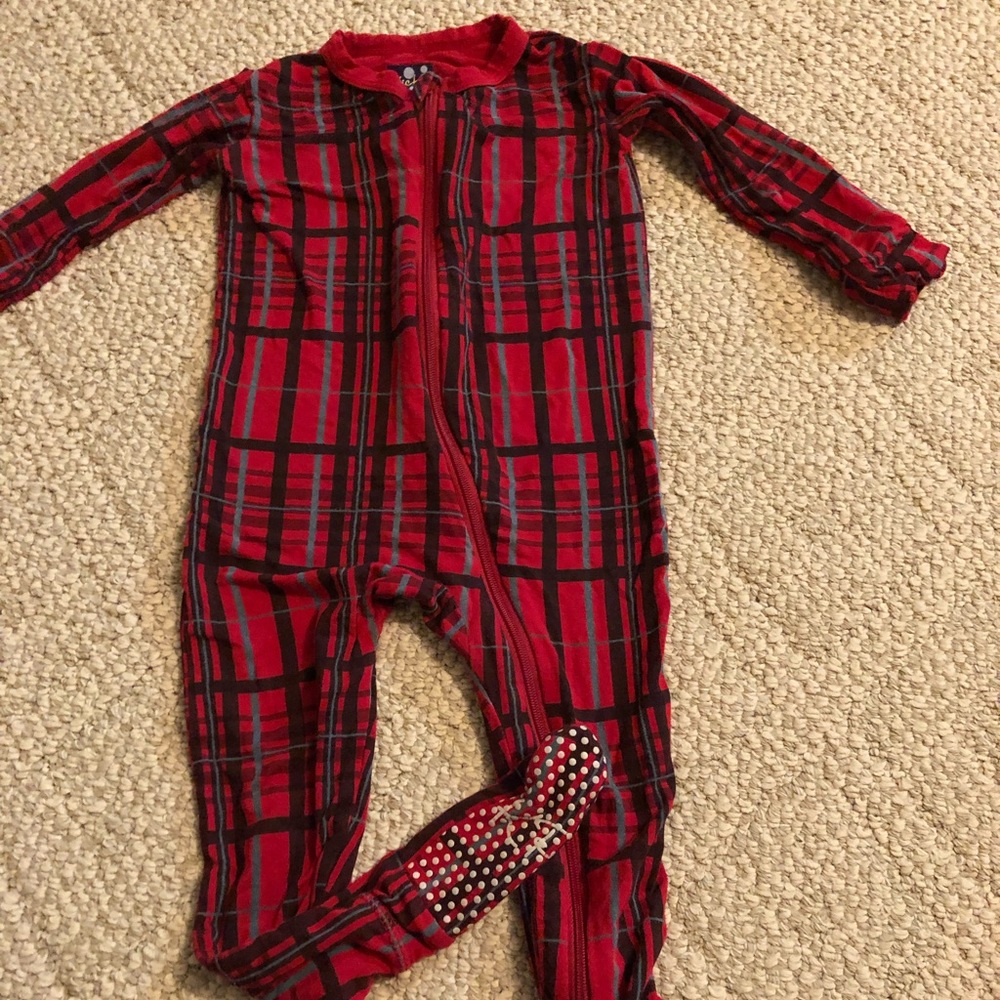 Kickee brand red plaid footed zip up pajamas